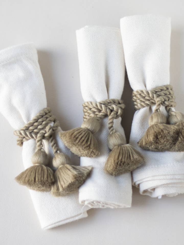 Handwoven Cotton Napkins + Olive Green Napkin Rings for wholesale by Lula Mena