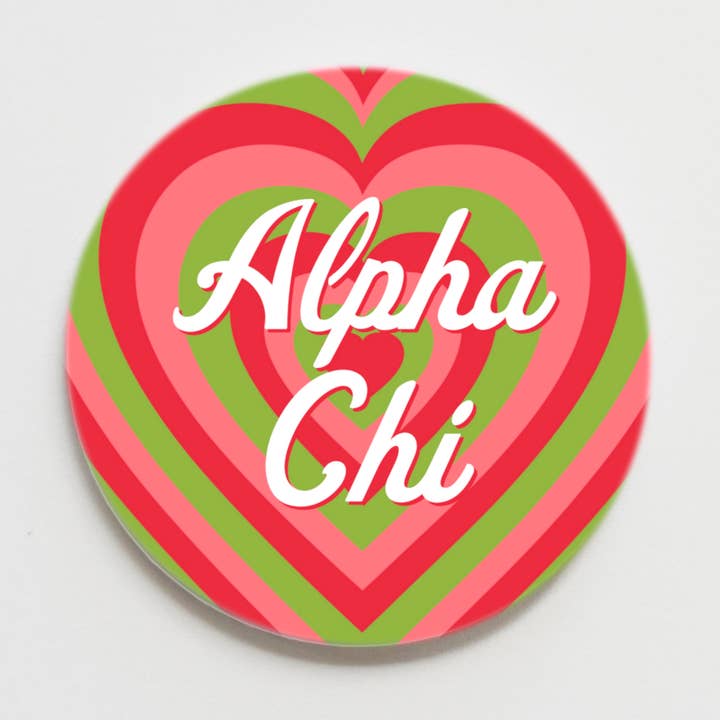 Alpha Chi Omega Retro Heart Greek Button - 2.25 inch for wholesale by Good Vibez Collegiate
