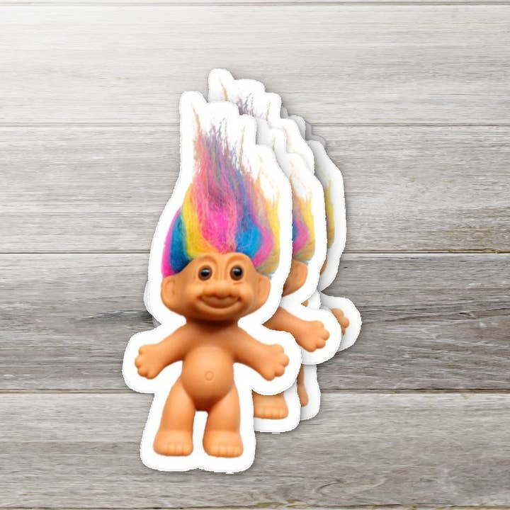 Autocollant en vinyle de poupée troll rétro - Cheveux arc-en-ciel pour la vente par Ozark Sticker Company