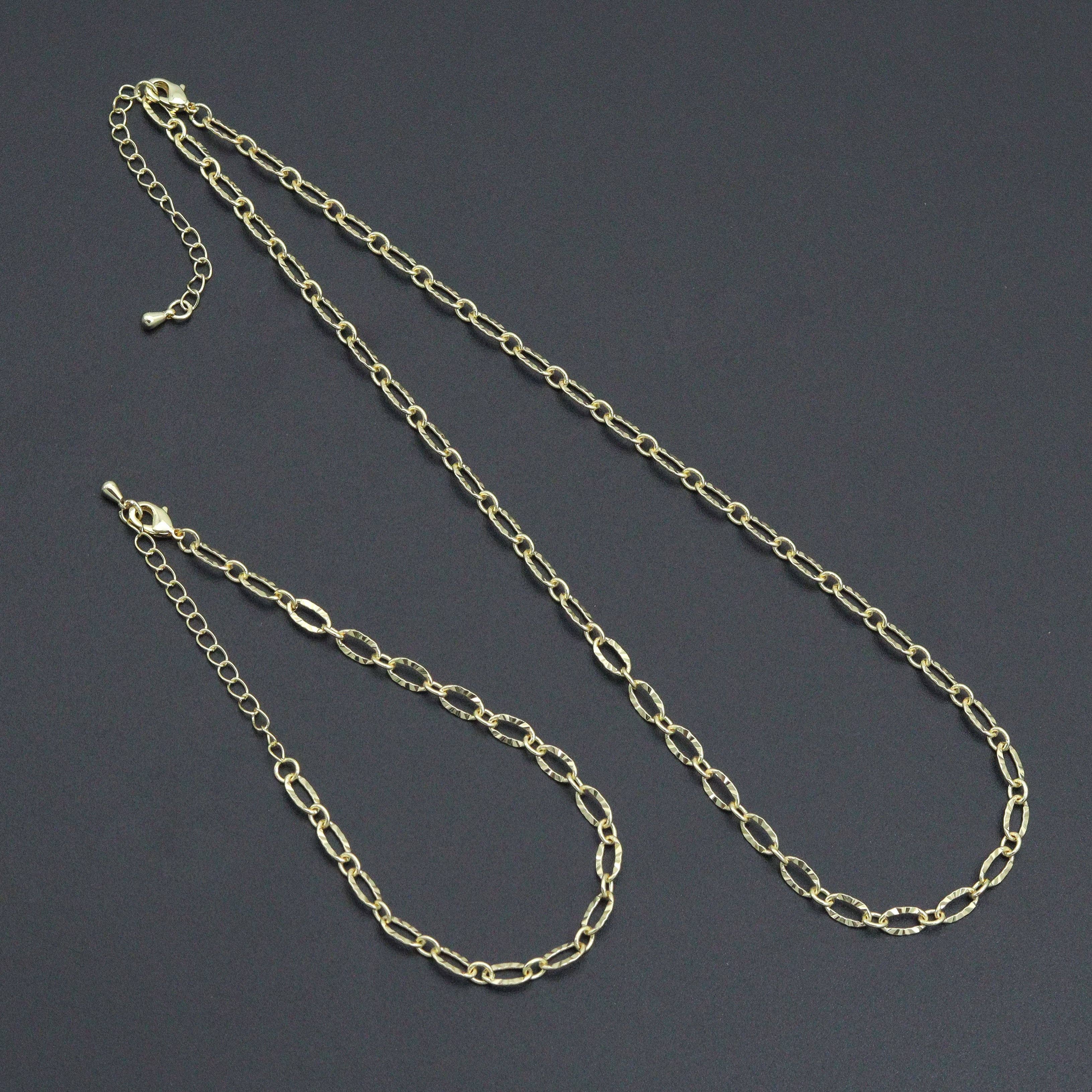 BestBeads&Beyond - Wholesale Link & Chain Necklace - Gold Silver Hammered Oval Link Chain Necklace Bracelet, Charm bar necklace bracelet chain,sku#EF7700