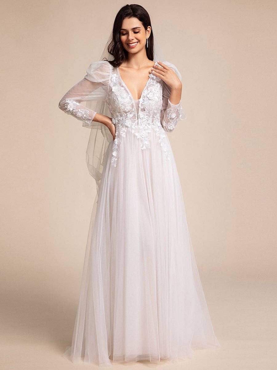 Ivory Exquisite Backless Long Sleeves Tulle Wedding Dresses for wholesale on Faire4