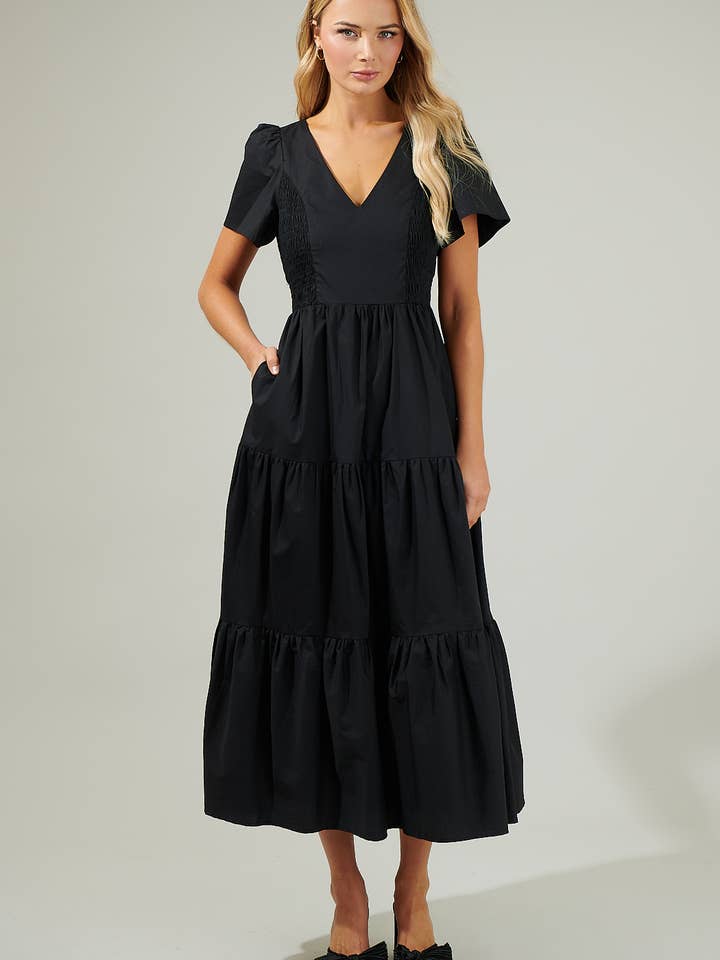 Alexis Poplin Tiered Midi Dress for wholesale by Sugarlips