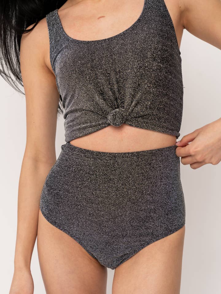 Coral Reef Swim - Wholesale Swim Bottoms - Women's - Black Shimmer High Waisted Swim Bottom1