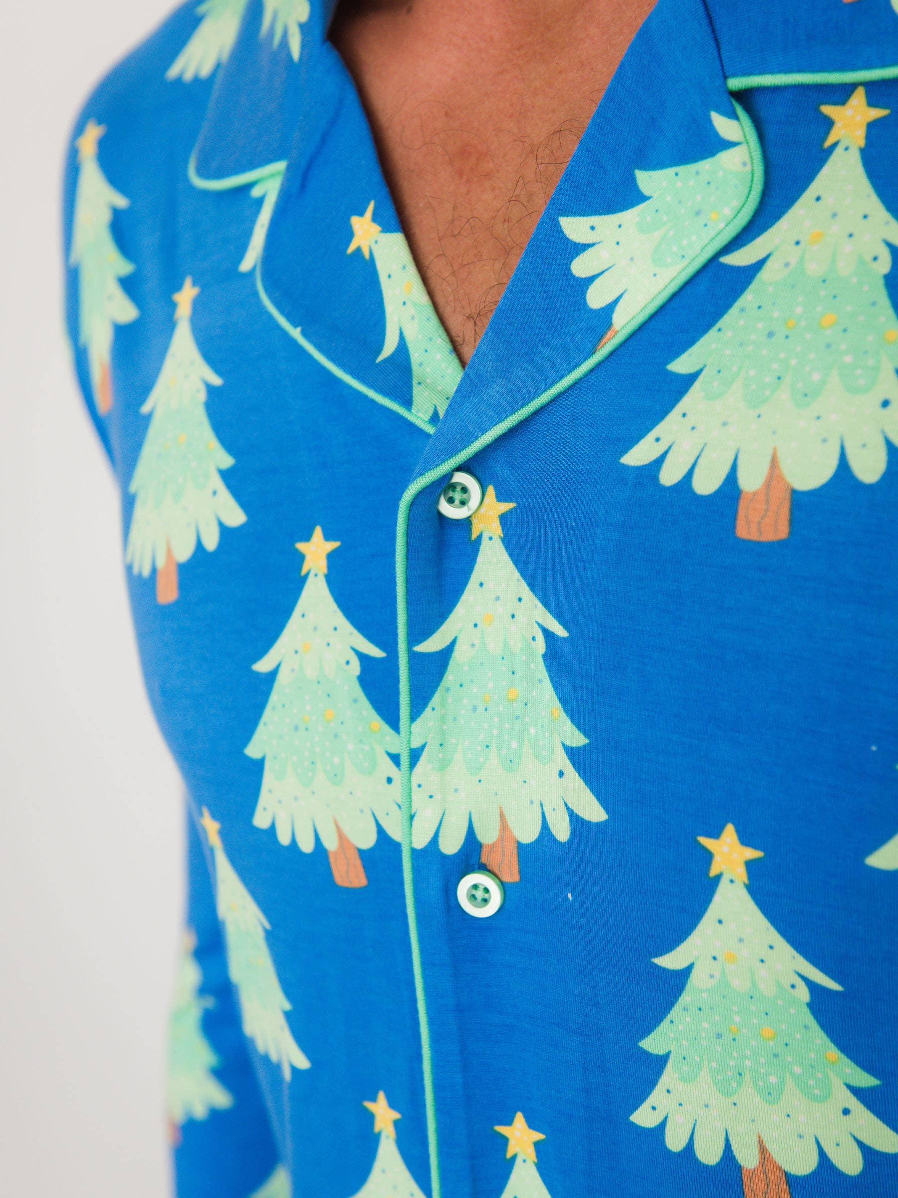 SoftSnooze™ Adult Bamboo Viscose Blue Twinkling Trees Button Up Pajama Set for wholesale on Faire5