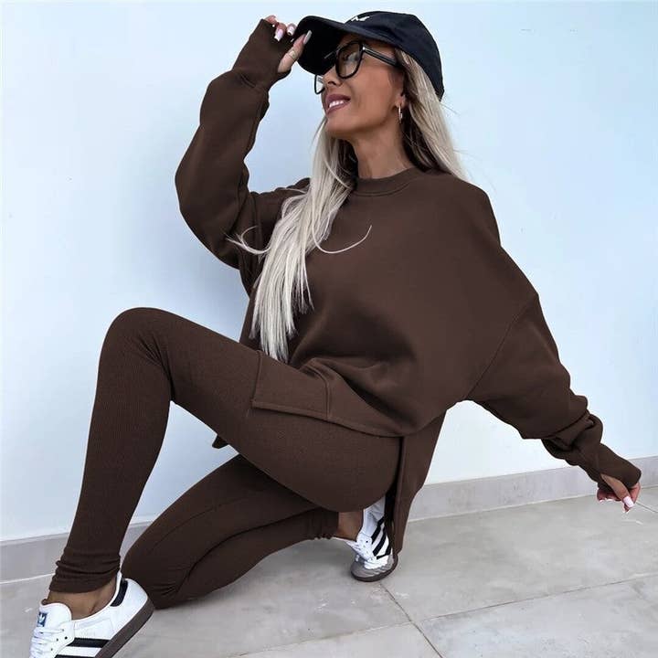 UZ Wholesale Store - Wholesale Lounge Set - Women's - Solid Color Round Neck Slit Sweatshirt And Skinny Pants Set