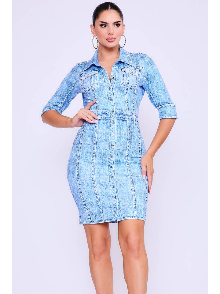 Her Bottari - Wholesale Dress - Women's - BD3696_Denim effect button down short sleeve mini dress4