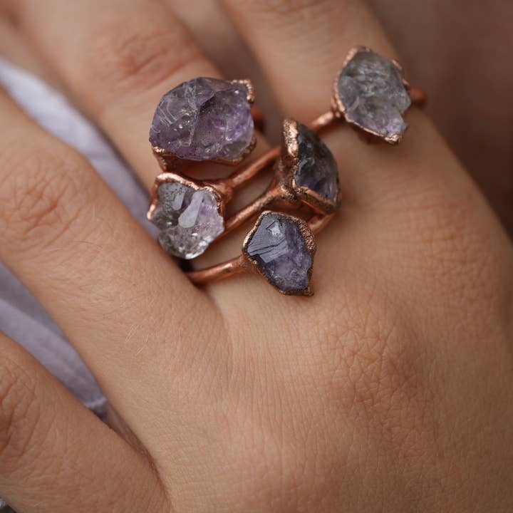 Daddy Daughter Jewelry - Venta al por mayor Anillos grandes/de cóctel - Amatista cruda de México || Anillo de cobre con piedra natal de febrero7