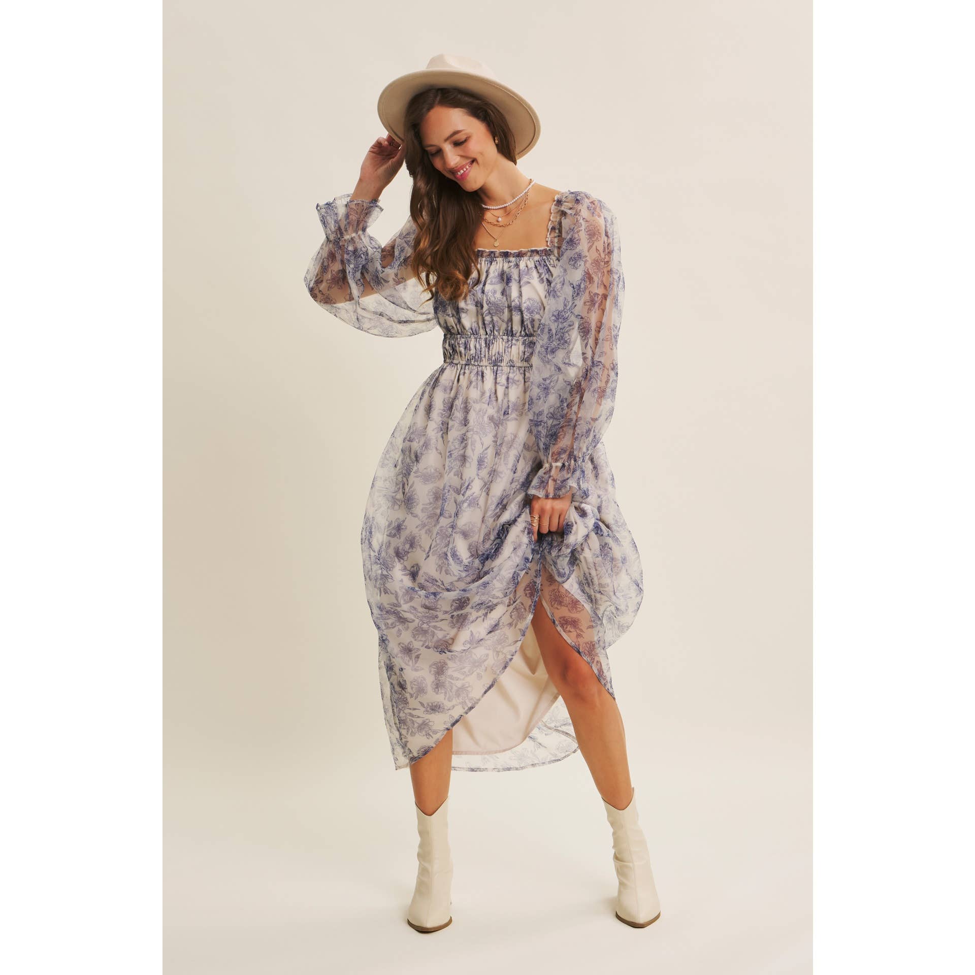 in february - Wholesale Jurk - Dames - ETHERISCHE ELEGANTIE BLOEMIGE ORGANZA MIDI-JURK MET ELASTISCHE TAILLE8