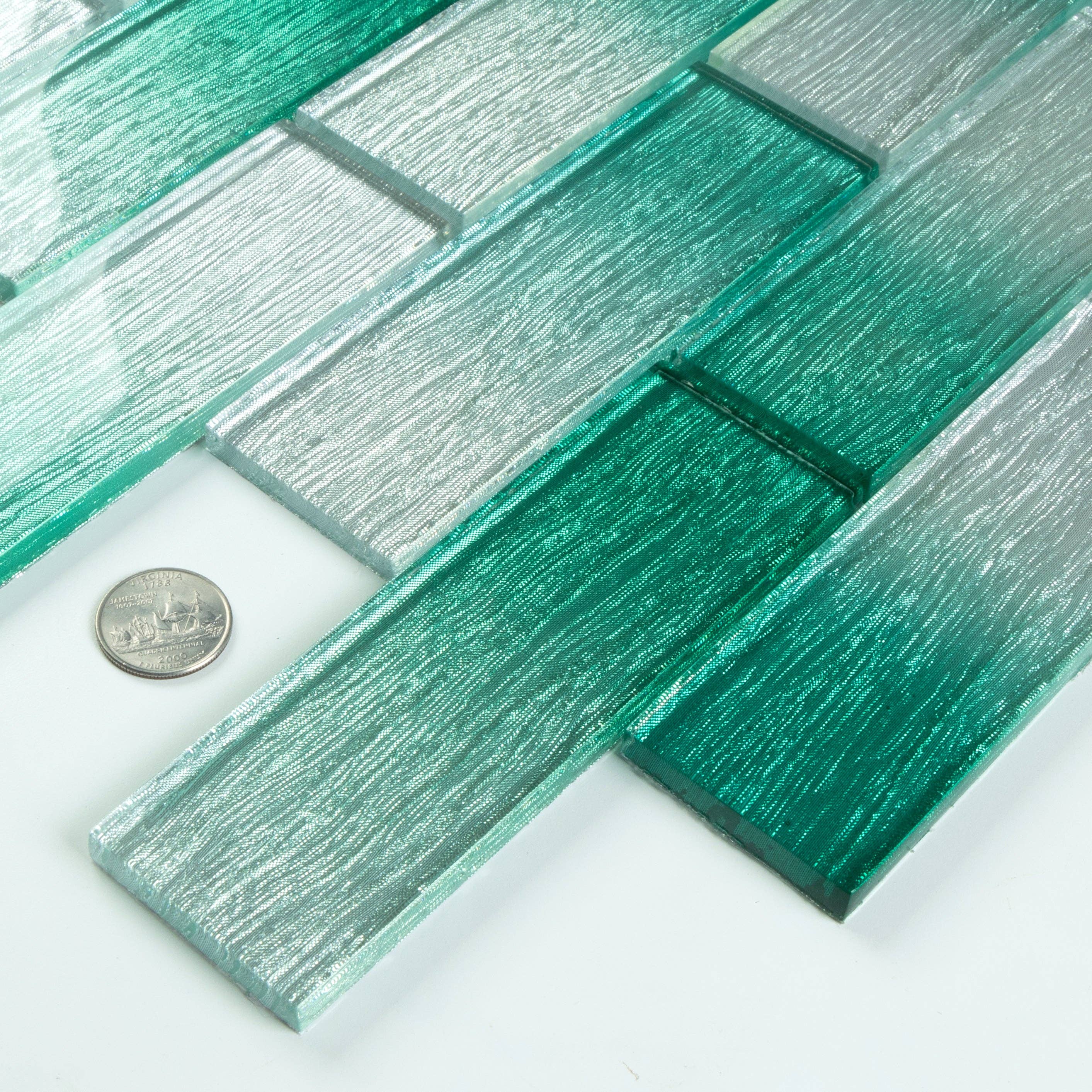 WS Tiles - Wholesale Wall Tile - 2" x 6" Foil Glass Mosaic Subway Tile, Backsplash for Kitchen and Bathroom - 5 Square Feet Per Carton - Foil Silver and Aqua Blue5