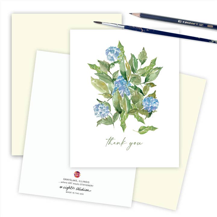 Blue Hydrangea Floral Thank You Greeting Card for wholesale by Eight21 Studios + Unique Greeting Cards, Art and Stationery