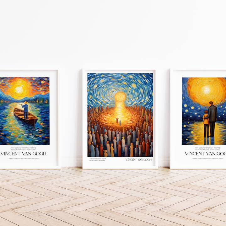Ensemble de 3 affiches d'impressions de peintures à l'huile de coucher de soleil de Vincent Van Gogh pour la vente par House of Binky