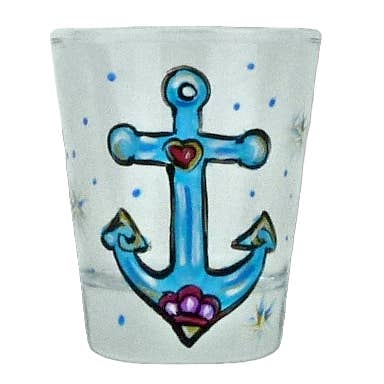 Nautical Blue Anchor Hand Painted Shot Glass for wholesale by Classy Art Designs, LLC