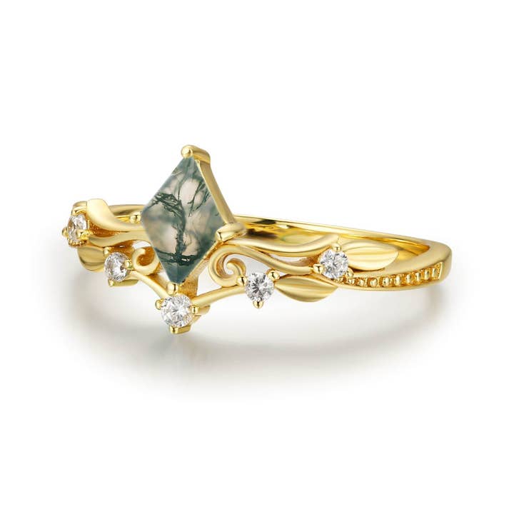 Azura Jewelry – wholesale Band/stacked ring – Victorian Lace Moss Agate Ring 10K/14K Yellow Gold