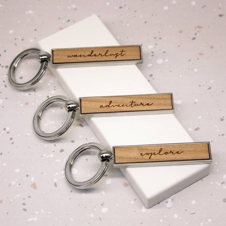 Explore, Adventure, Wanderlust Rectangular Keyring for wholesale by Joanna Emily