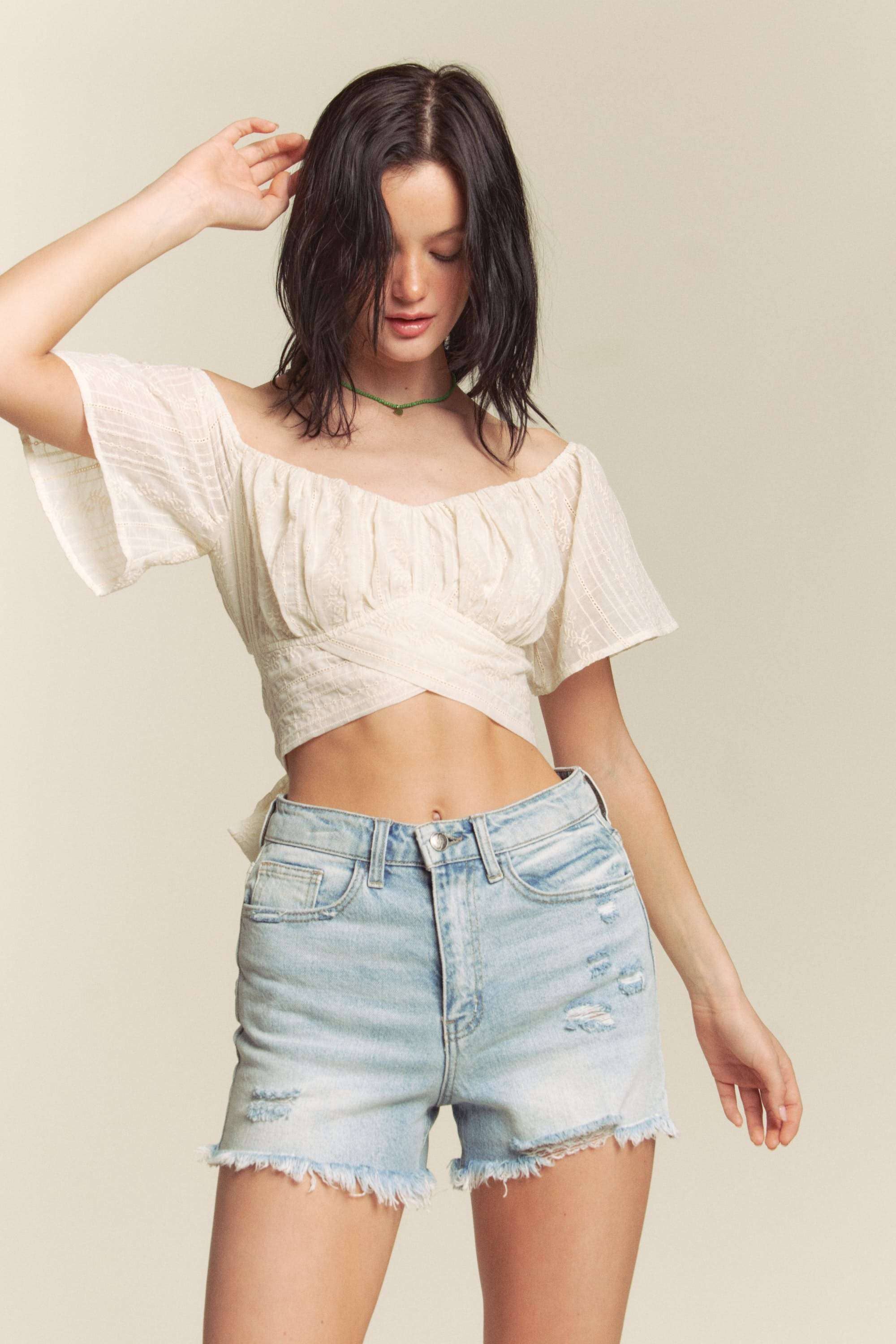 Hers & Mine - Wholesale Knit Top - Women's - EMBROIDERY VOILE SHORT SLEEVE CROSS TIE TOP1