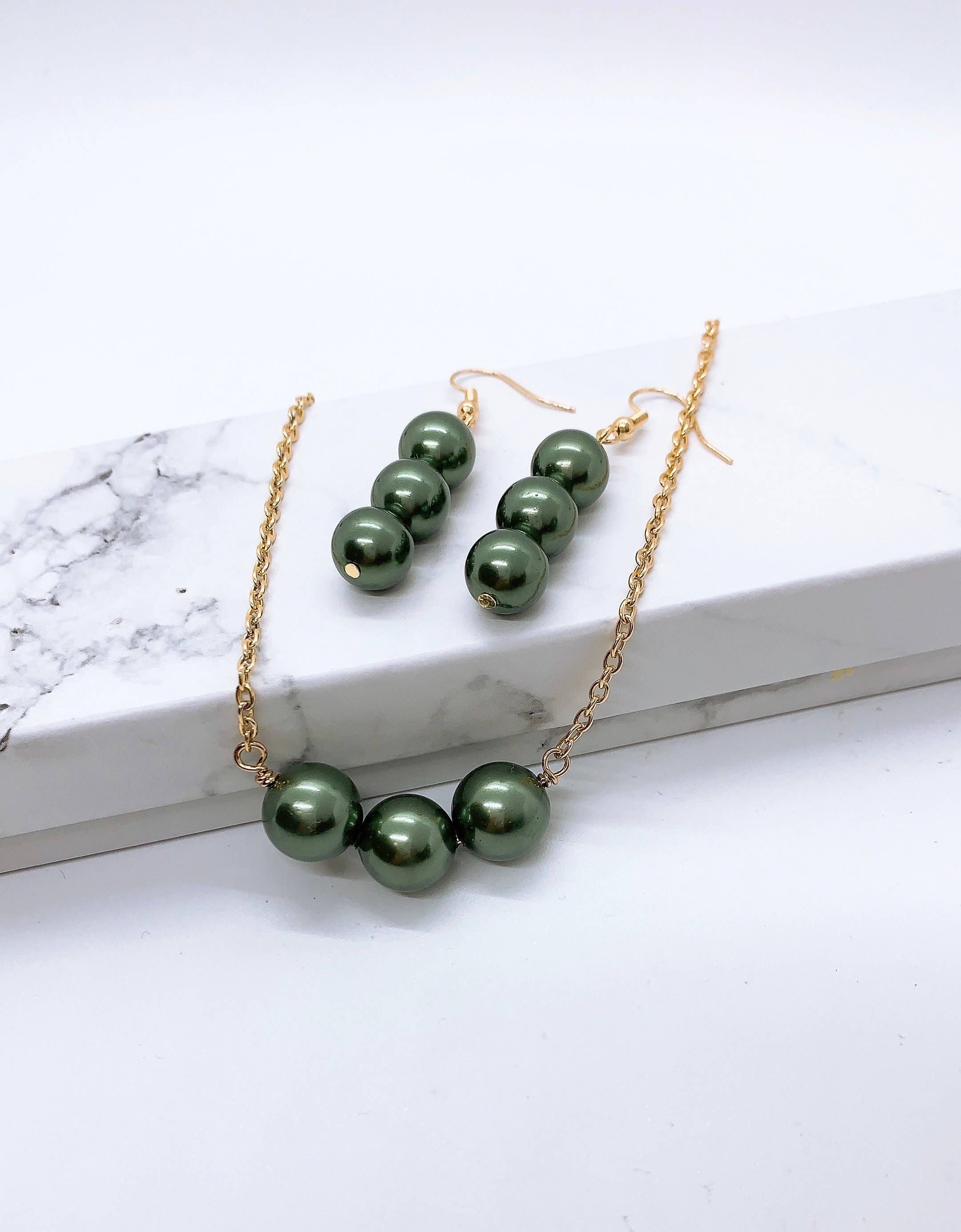 Anela's Jewelry - Wholesale Jewelry Set - 10MM Vertical Triple Shell Pearl: Hamilton Gold Earrings Necklace7