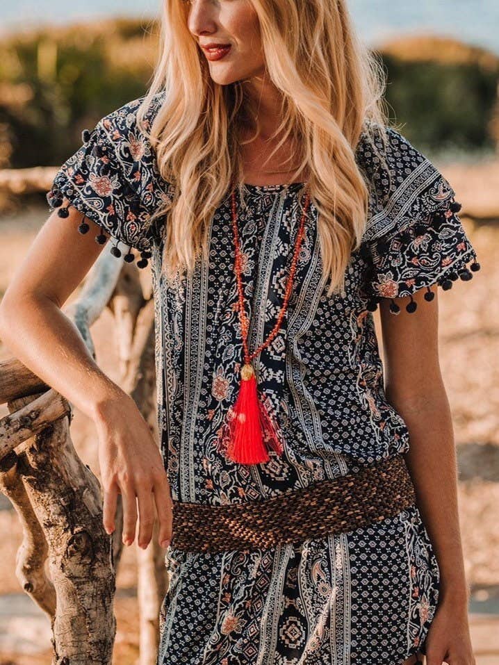 Navy Blue Summer Short Dress, Boho Short Dress, Beach Dress, Blouse Dress, Fiji Dress Resort Vacation Dress for wholesale by Miss Kitsch