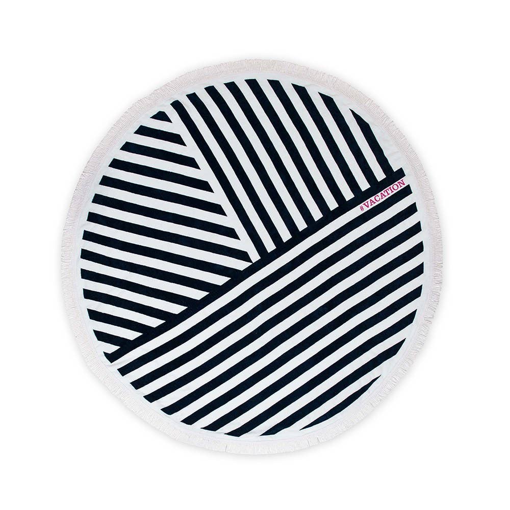 Weddingstar Inc. - Wholesale Beach Towel - Round Beach Towel - Navy Blue And White Geometric Striped0