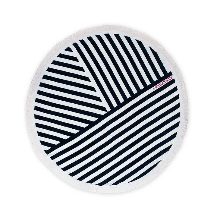 Weddingstar Inc. - Wholesale Beach Towel - Round Beach Towel - Navy Blue And White Geometric Striped