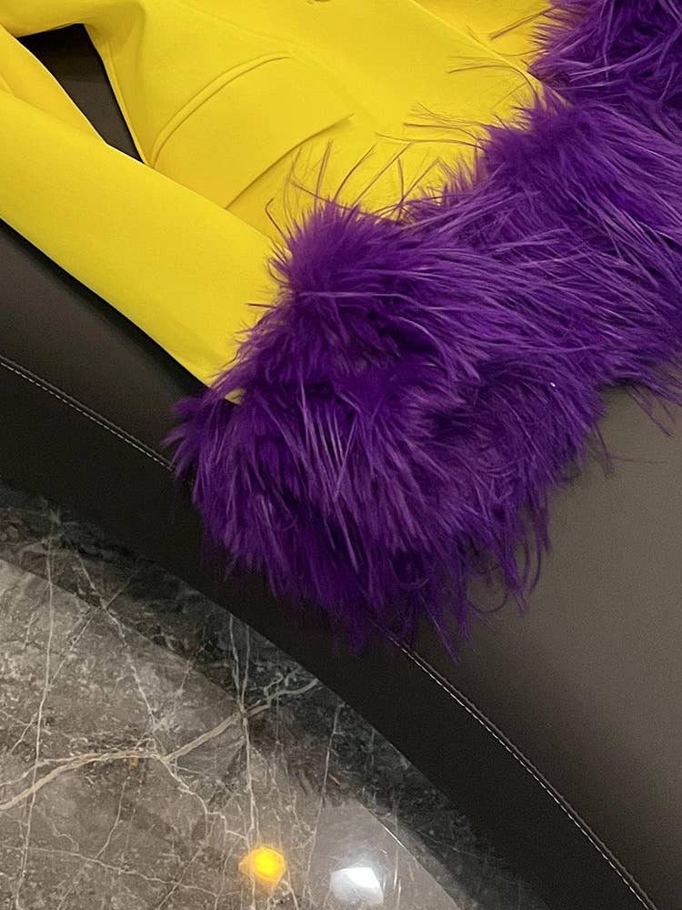 SY372 Yellow Blazer with Purple Feather Cuffs for wholesale on Faire9