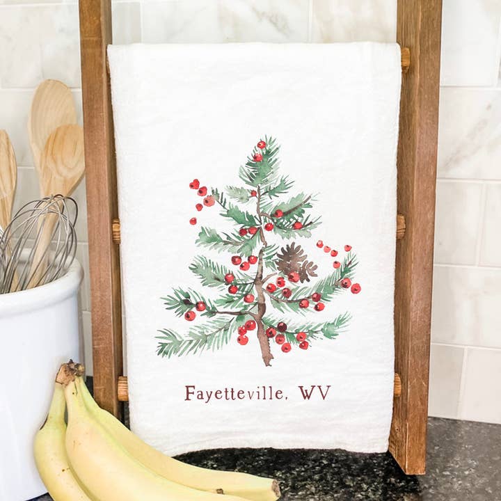 Indigo Tangerine - Vente Torchons - Torchon en coton personnalisé - Arbre de Noël et baies0