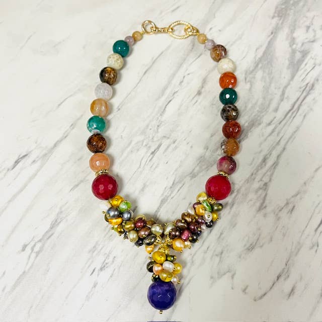 Multi Color Agate Necklace with Freshwater Pearl Cluster for wholesale by Anita K By Blushing Pink