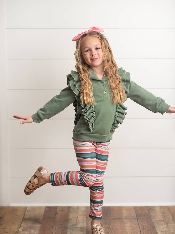 Oopsie Daisy - Wholesale Top & Leggings Set - Kids - Kids Sage Double Ruffle Button Hoodie & Stripe Leggings Set1