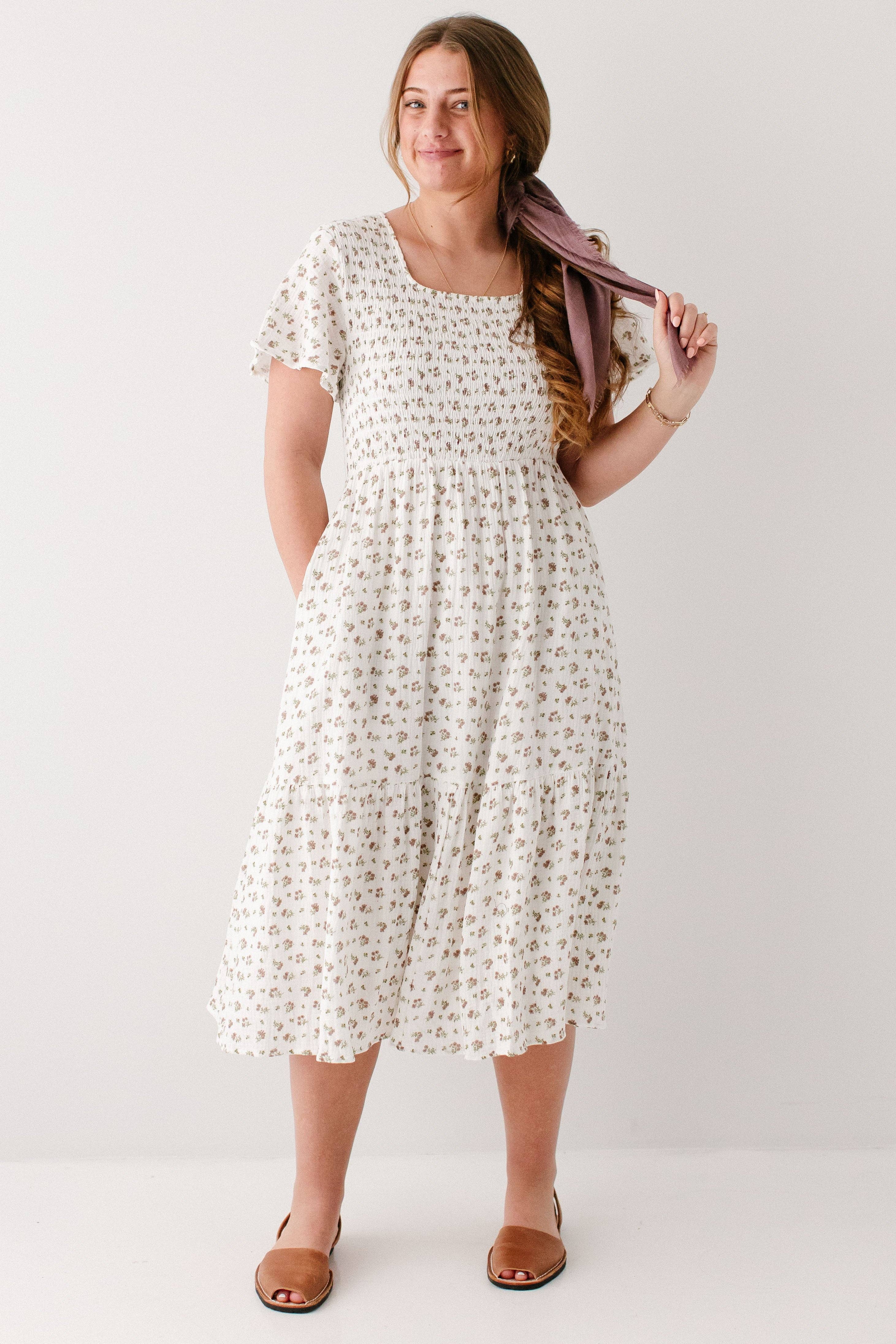 White 'Lynette' Smocked Bodice Floral Midi Dress for wholesale on Faire5