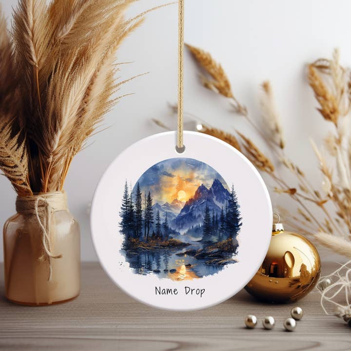 Personalized Mountain Sunset Christmas Ornament Name Drop for wholesale by Stad Woodlands