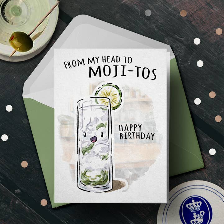 „From my Head to Mojitos” - Leuke cocktail verjaardagskaart voor wholesale door Aaron Millard Illustration