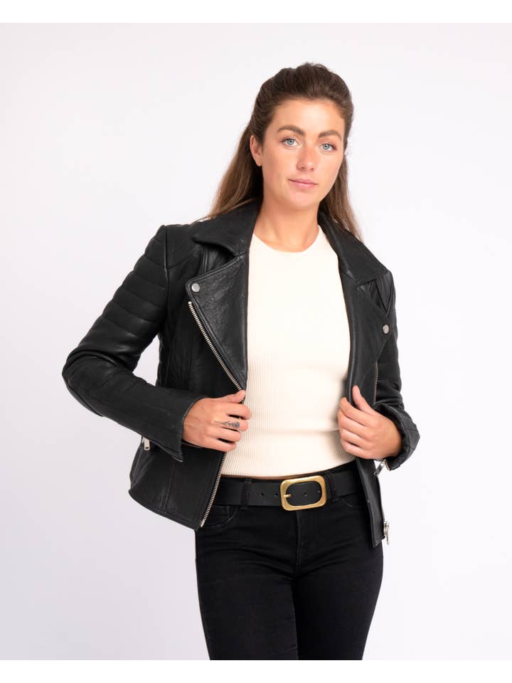 Amsterdam Heritage Leather Belts, Bags, Jackets & Apparel - Wholesale Leather Jacket - Women's - Munroe | Black and Cognac Women's Leather Jacket1