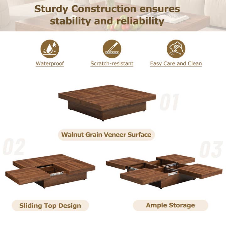 Orange County Decor - Wholesale Coffee Table - Square Marble Veneer Coffee Table Sliding Top With Storage In Walnut 39.4'' Walnut Primary Living Space Square Mdf5