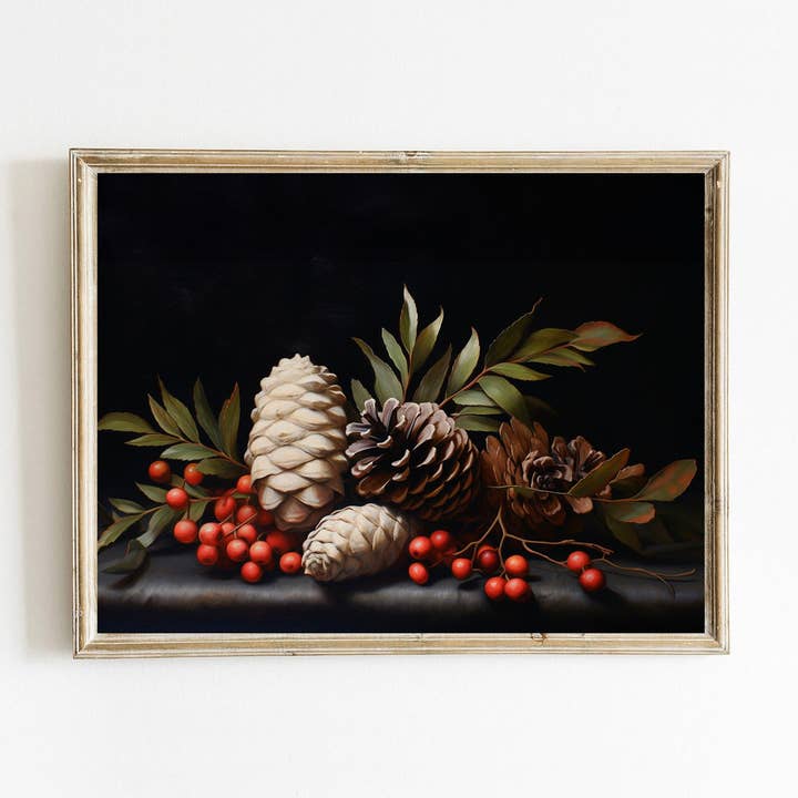 Pine Cones on Black Christmas Art Print for wholesale by Paper House Print Shop