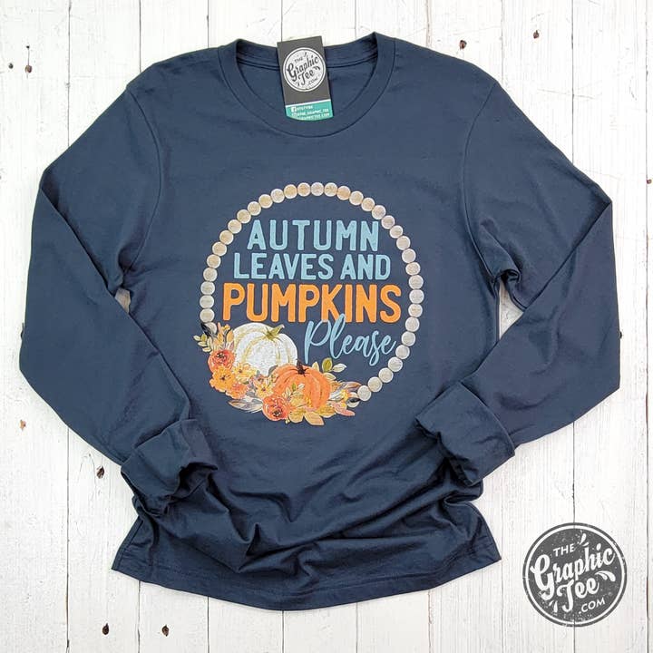 *WHOLESALE* Autumn Leaves and Pumpkins Please Vintage Navy Long Sleeve Tee for wholesale on Faire3