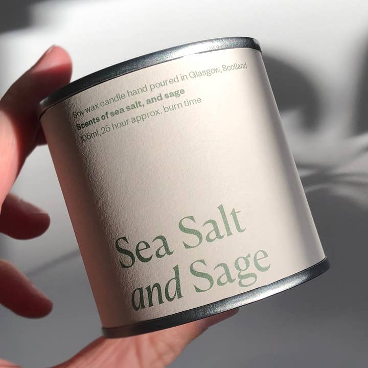 Sea Salt and Sage Soy Wax Candle Tin for wholesale by Lovat Press