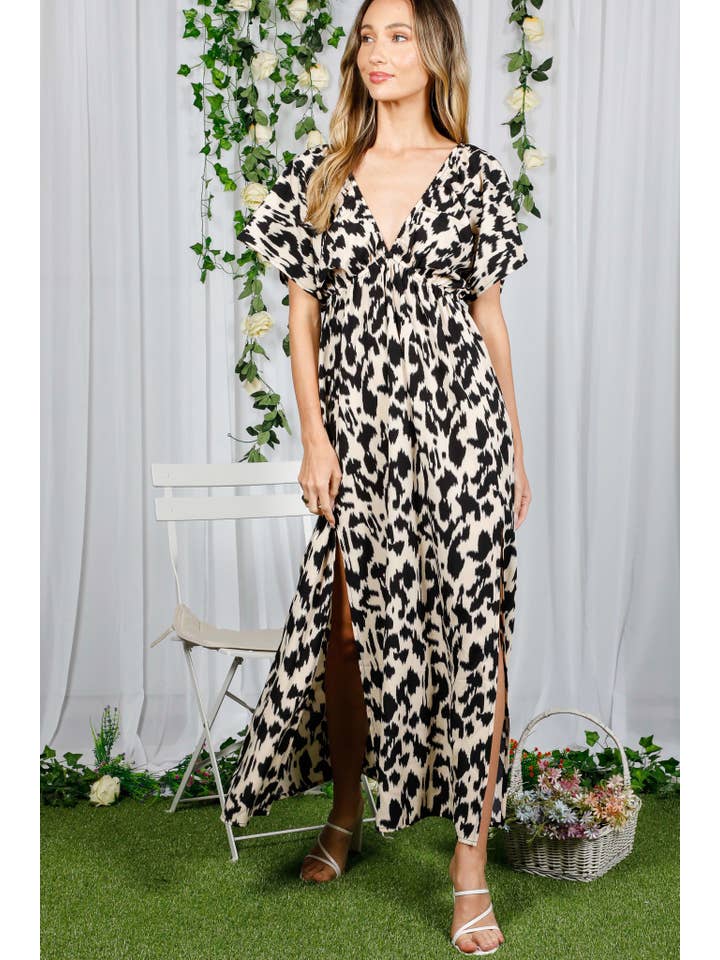 Black V-Neck Dolman Sleeve Leopard Printed Maxi Dress VD82363B for wholesale on Faire5