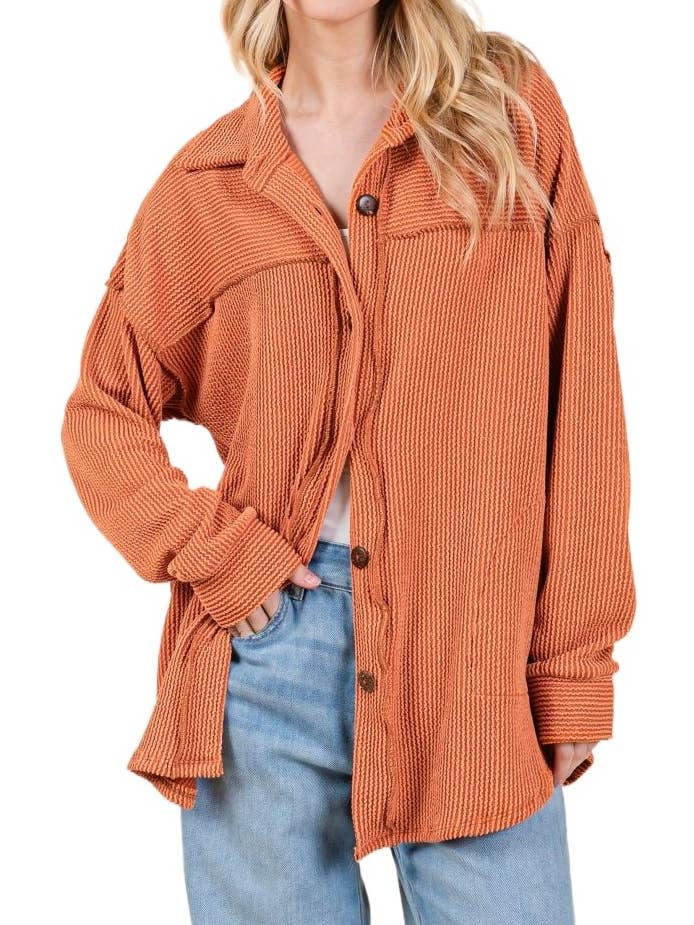 Rib Knit Button Down Shacket for wholesale by Vanilla Monkey