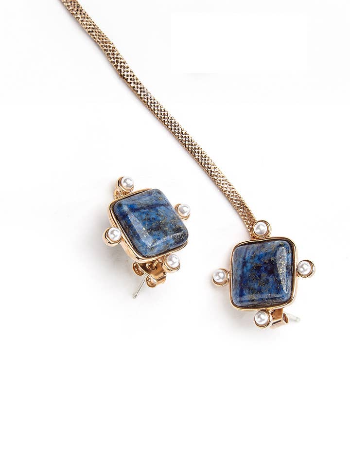 Lapis Lazuli Asymmetric Chain Earrings Silver Post for wholesale by Le Zohar