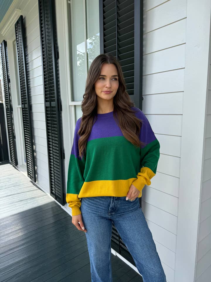 Sparkle City - Wholesale Knit Sweater - Women's - Mardi Gras Color Block Oversized Sweater
