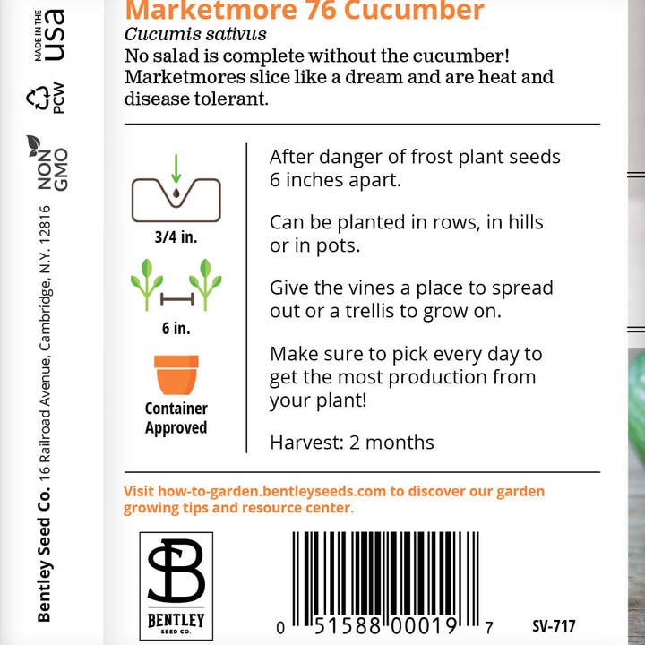 Bentley Seed Co. - Wholesale Plant Seeds - Cucumber, Marketmore 76 Seed Packets1