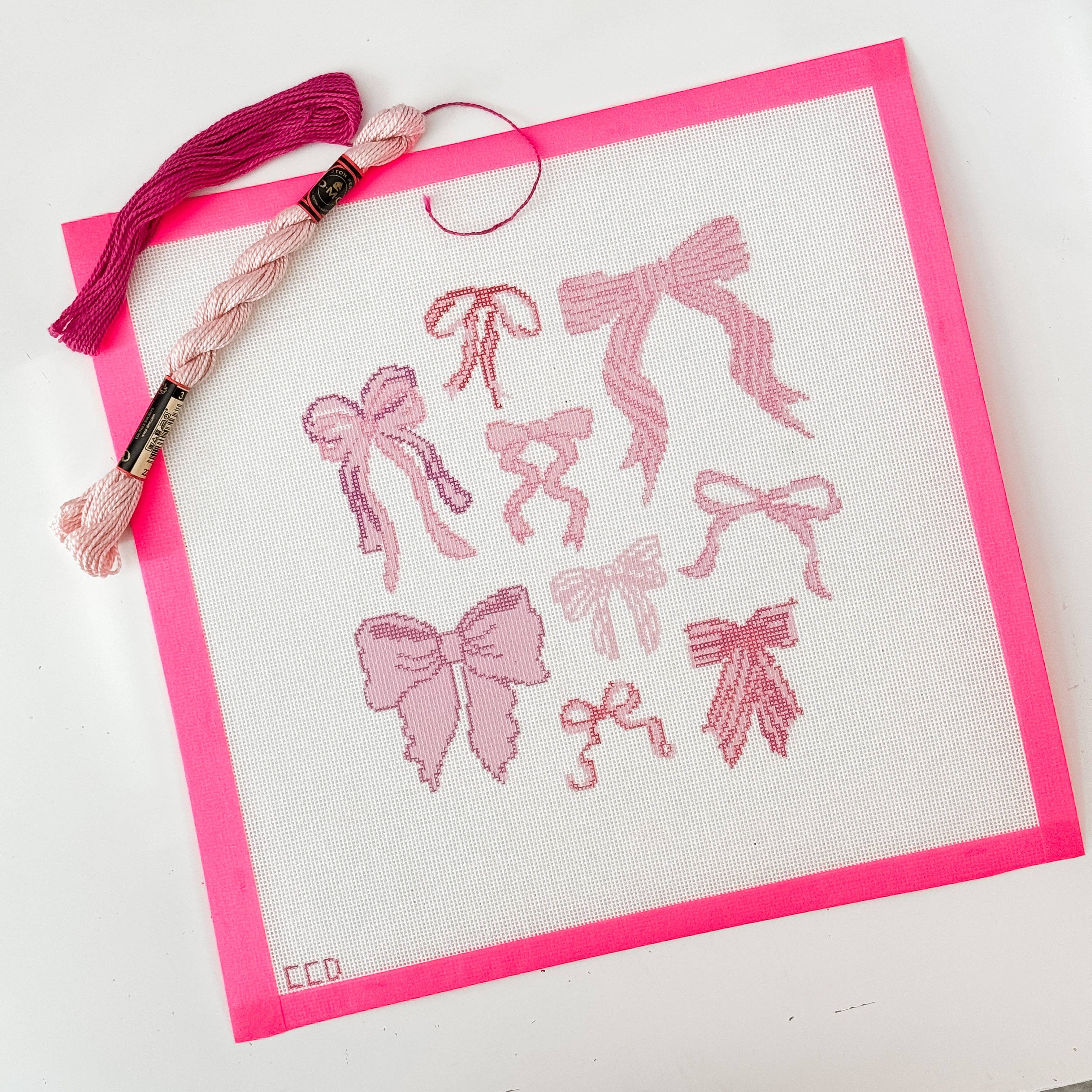 Cotswold Co Designs – wholesale Embroidery/cross-stitch supplies – Hand Painted Coquette Bow 8” Pillow Design Needlepoint Canvas 18 Mesh Coquette Needlepoint Canvas Bow Hand Painted2