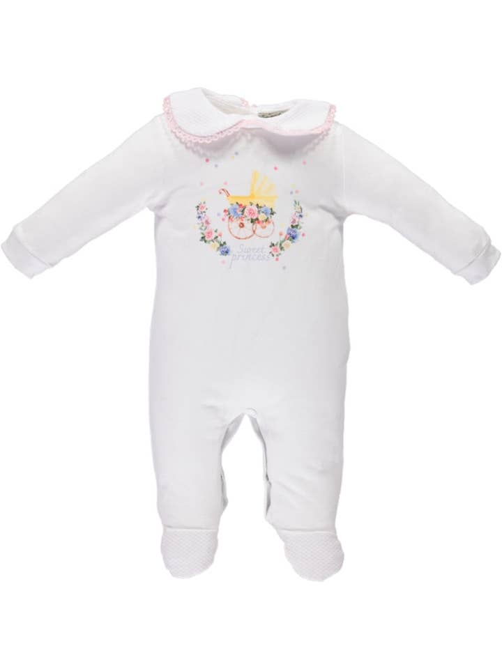 PS23S002022/A White babygrow with colored stamp for wholesale by Piccola Speranza
