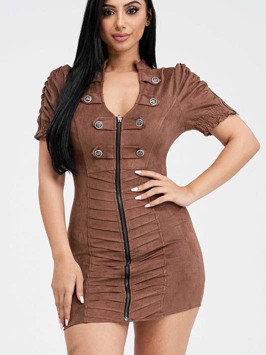 Militær knap-ned kortærmet ruskindskjole for engroshandel hos Lydia USA