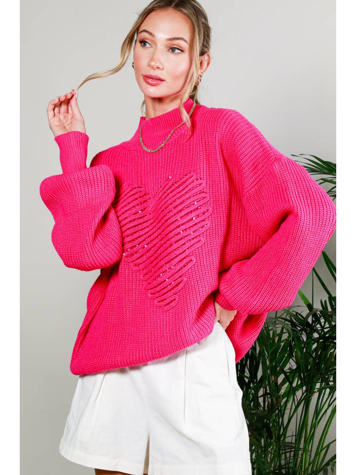 Vine & Love - Wholesale Knit Sweater - Women's - Hearted Embroidered Sequin Detail Knitted Sweater TopVT81860