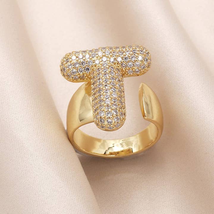 JOSSLYN by wall to wall - Wholesale Single Stone/Solitaire Ring - INITIAL MONOGRAM PAVE RHINESTONE BUBBLE RING | 40R101