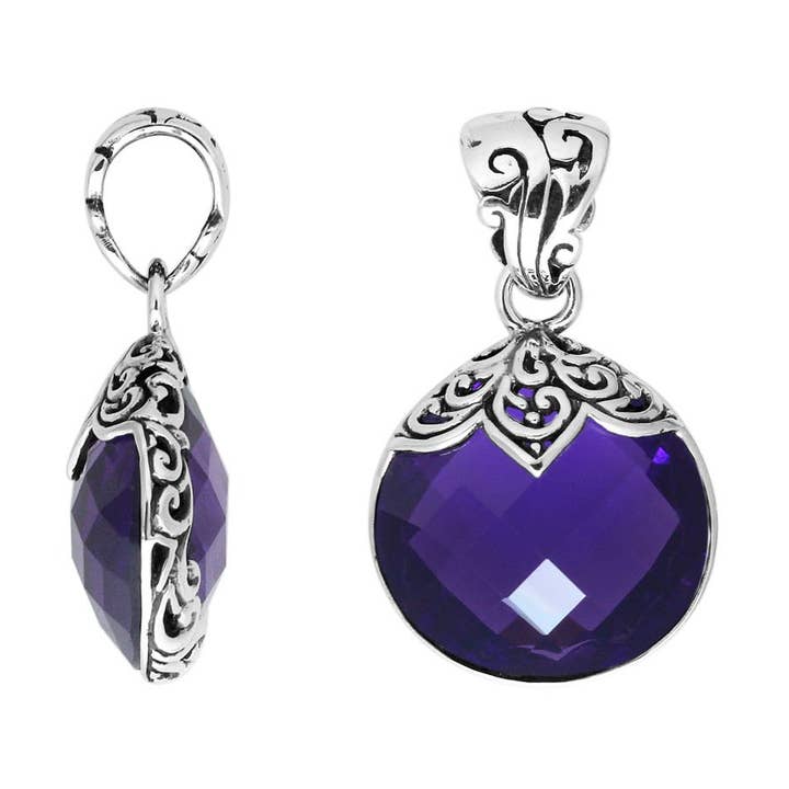 AP-6180-AM Pendente Redondo em Filigrana de Quartzo Ametista em Prata de Lei 925 Para Encomendas de Joias em Lote por atacado de Bali Designs