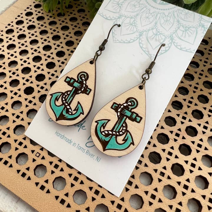anchor lightweight wood hand painted earrings blue or white for wholesale on Faire5