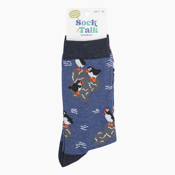 Sock Talk - Wholesale Socks - Men's - Men's Bamboo Socks - Denim Blue, Puffins On Rocks