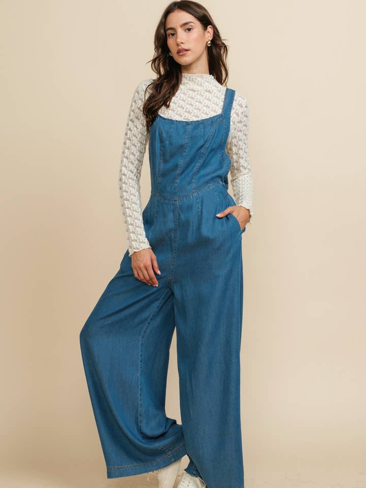 Lyocell Wide-Leg Denim Overalls with Adjustable Straps for wholesale by A & SHE
