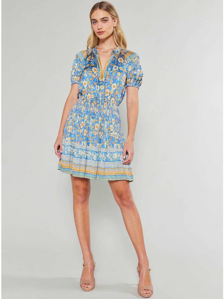 Blue Sand Border Printed Pleats Mini Dress for wholesale on Faire